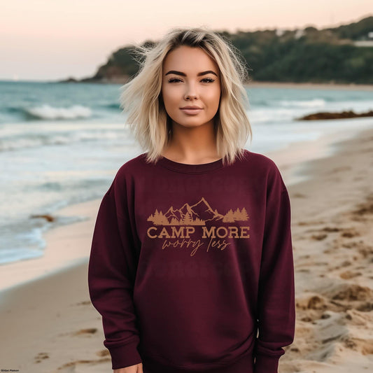 CAMP MORE WORRY LESS: Unisex Crewneck in Maroon