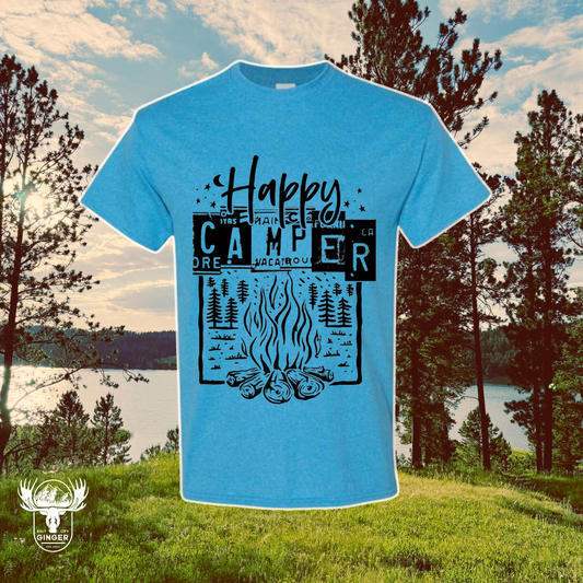 HAPPY CAMPER: Short Sleeve Unisex T-Shirt in Heather Sapphire